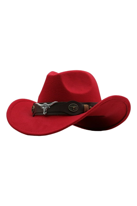 Men's Classic Western Cowboy Hat, Oval Crown Cattleman Hat with Beaded Band, Outdoor Country Ranch Style Hat, Chin Strap for Men - Red
