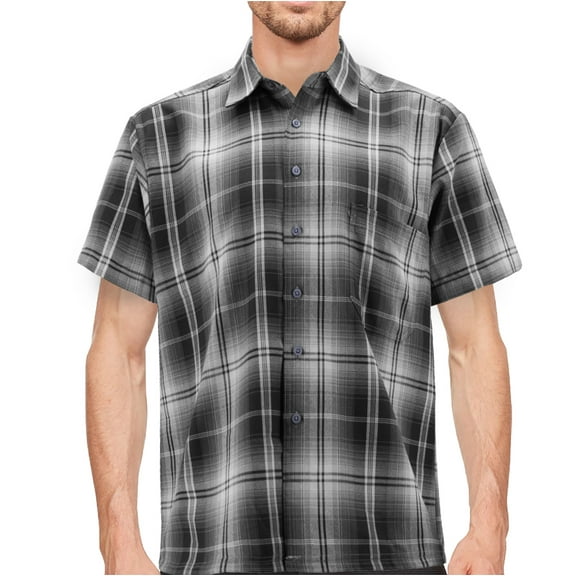 Men’s Classic Western Short Sleeve Button Down Casual Plaid Cowboy Shirt (Black/White/Light Grey, XL)