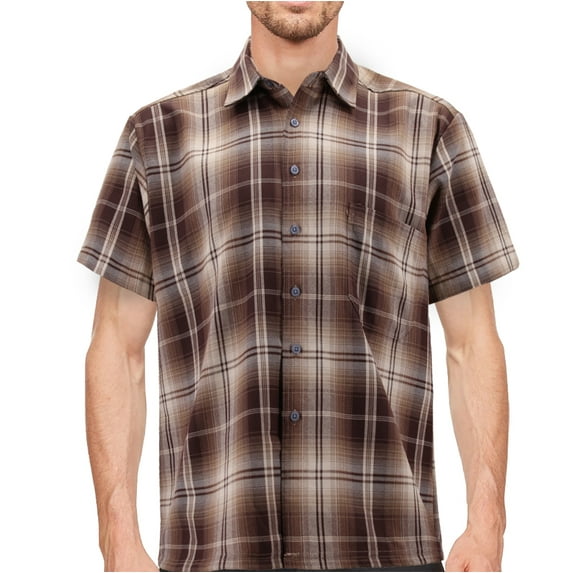 Men’s Classic Western Short Sleeve Button Down Casual Plaid Cowboy Shirt (Dark Brown/Khaki/Beige, 2XL)