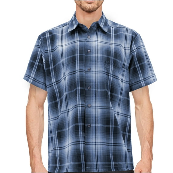 Men’s Classic Western Short Sleeve Button Down Casual Plaid Cowboy Shirt (Navy/White/Sky Blue, S)