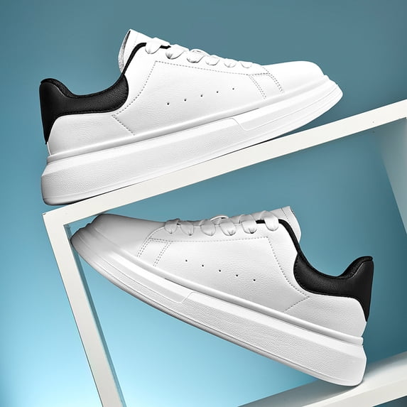 Men's Classic White Leather-Look Platform Sneakers, Lace-Up Casual Shoes for Everyday Wear, Work, and Travel