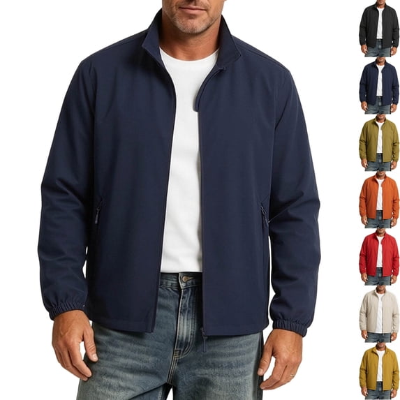 Men's Classic Windbreaker Old Money Golf Jacket Stand Collar Lightweight Full Zip Outerwear with Zipper Pockets for Hiking Travel, Dark Blue, XXXL