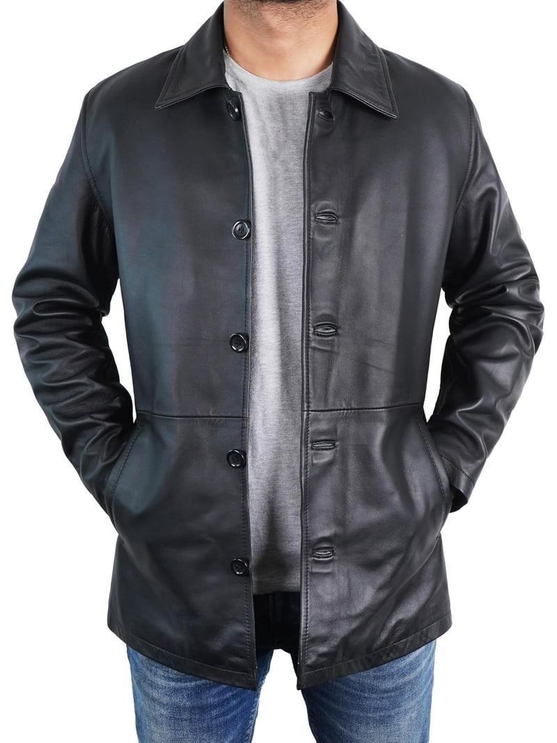 Men's Classic Winter Black Leather Car Coat 3/4 Length