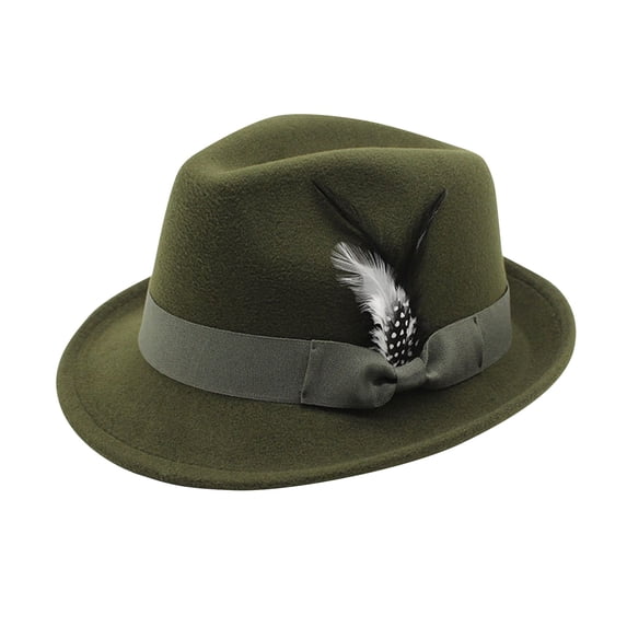 Men's Classic Wool Felt Trilby Fedora Hat with Elegant Feather Accent Decorative Vintage Dress Hat Army Green