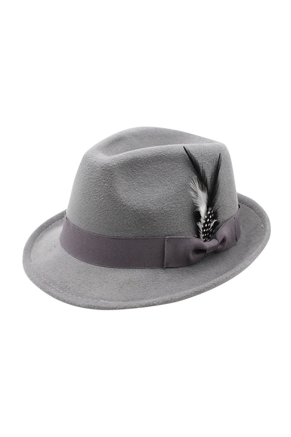 Men's Classic Wool Felt Trilby Fedora Hat with Elegant Feather Accent Decorative Vintage Dress Hat Light Gray