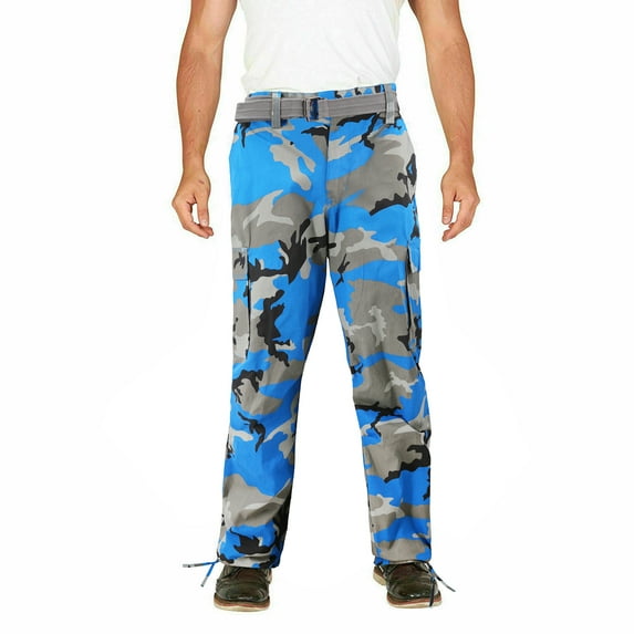 Men's Classic Work Colorful Slim Fit Belted Twill Cargo Pants (6CP01 - Teal Gray Camo, 38,30)