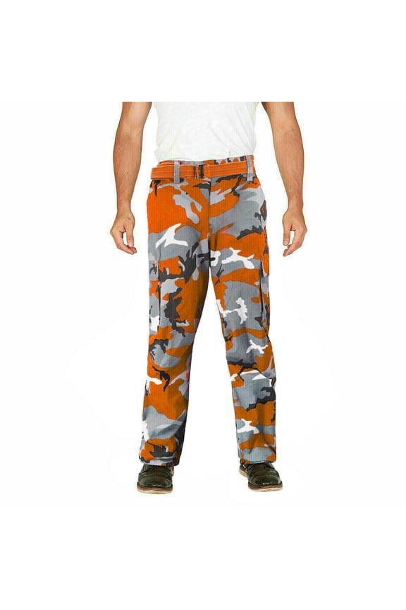 Men's Classic Work Colorful Slim Fit Belted Twill Cargo Pants (MHLP104 - Orange Camo, 34,30)