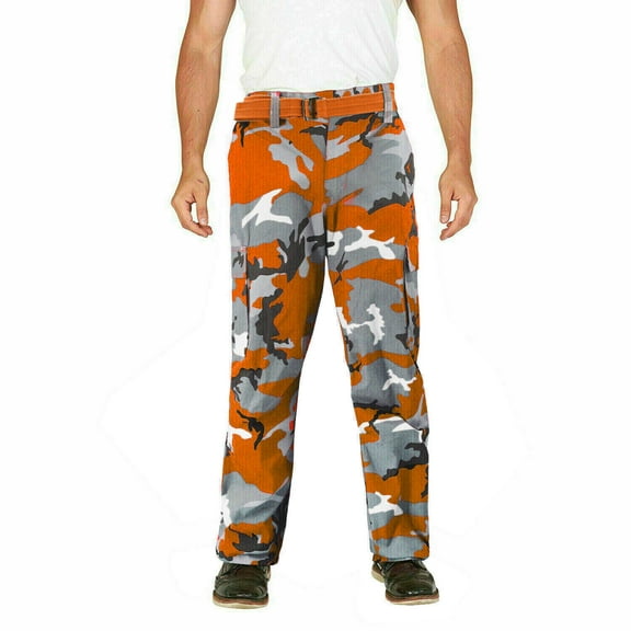Men's Classic Work Colorful Slim Fit Belted Twill Cargo Pants (MHLP104 - Orange Camo, 34,32)