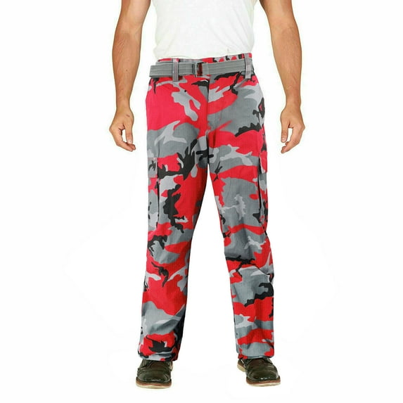 Men's Classic Work Colorful Slim Fit Belted Twill Cargo Pants (MHLP104 - Red/Grey Camo, 46,32)