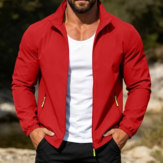 Men's Classic Zip Front Polar Fleece Jacket Red 4XL