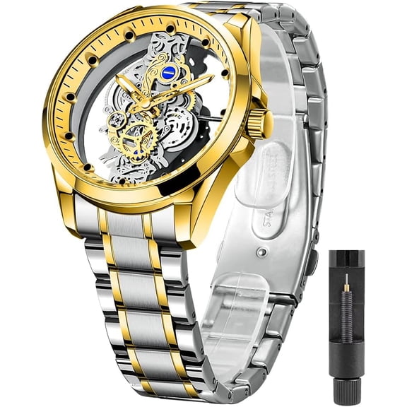 Men's Clear Cover Quartz Watch Men Stainless Steel Waterproof Watch, Business Skeleton Quartz Watch for Men