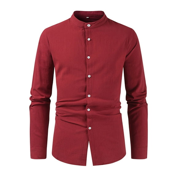 Men's Clothing Button Down Shirt Casual Regular-Fit Dress Shirts Casual Solid Color Shirt Half Cover Button Collarless Top Long Sleeve Dress Shirts