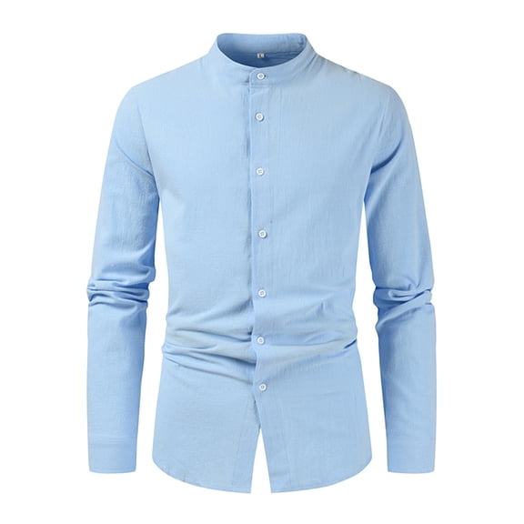 Men's Clothing Button Down Shirt Casual Regular-Fit Dress Shirts Casual Solid Color Shirt Half Cover Button Collarless Top Long Sleeve Dress Shirts