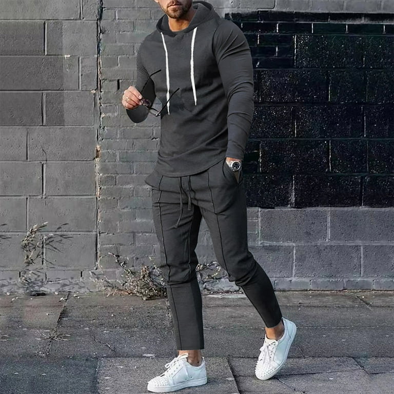 Men s Clearance Mens Jogging Suits Suit Leisure Suits for MenSports Sweatshirt Hooded Two Piece Set Long Sleeve Solid Color Round Neck Walmart
