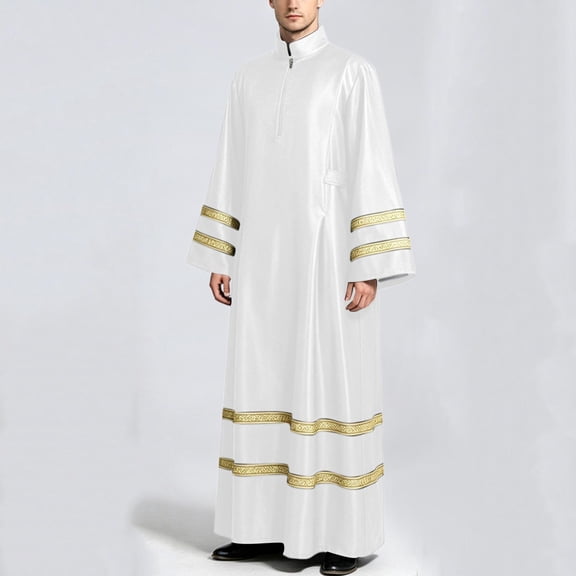 Men's Clergy Priest Robe Costume Long Zipper Front Cassock with Metallic Trim Medieval Wizard Sorcerer Fantasy Cosplay Halloween Themed Party Dress