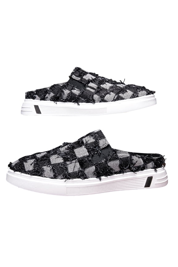 Men's Close Slippers Mules Fringe Open Back Denim Checkerboard Casual Platform Slides Comfortable Knitted Shoes Black Size 10.5