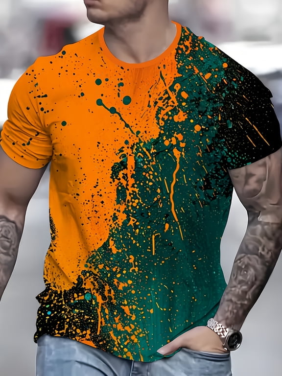 Men's Closed Style - Orange and Green Grid Printed T-Shirt - Made of transparent fabric, suitable for daily and formal use - washable street tops, suitable for all seasons