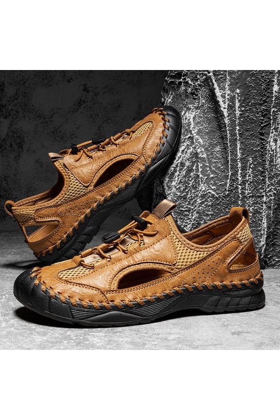 Men's Closed-Toe Breathable Mesh Leather Outdoor Hiking Sandals