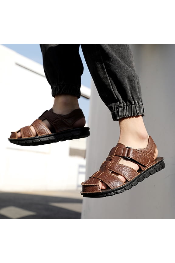 Men's Closed-Toe Fisherman Sandals, Casual Black and Brown Leather Outdoor Summer Shoes