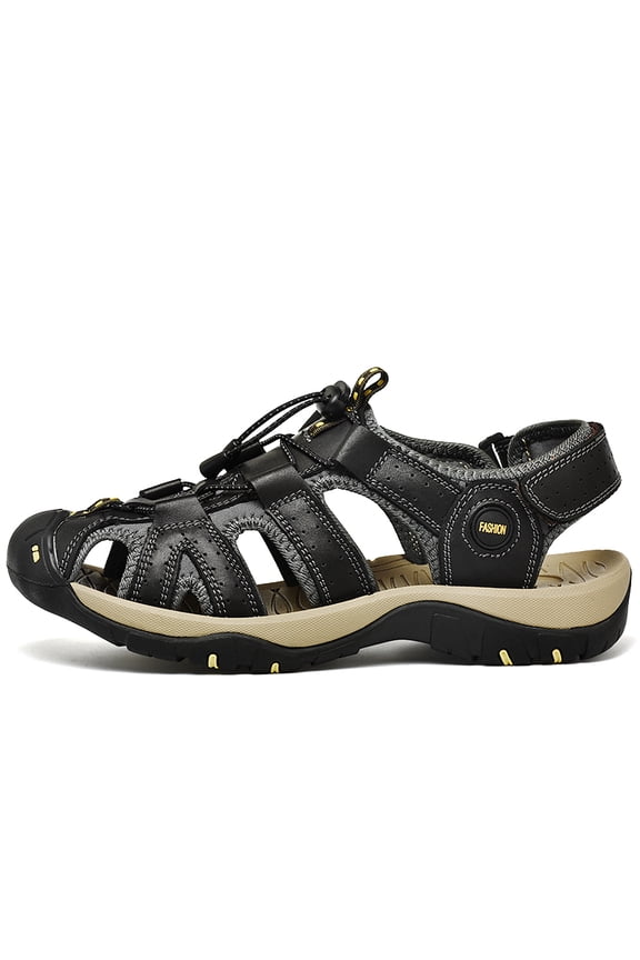 Men's Closed-Toe Hiking Sandals, Adjustable Brown Leather Outdoor Shoes