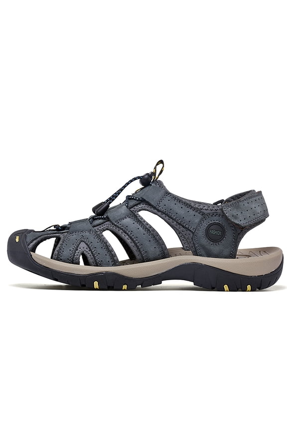 Men's Closed-Toe Hiking Sandals, Adjustable Brown Leather Outdoor Shoes