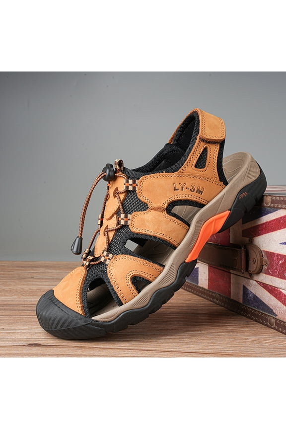 Men's Closed-Toe Leather Hiking Sandals, Adjustable Quick-Lock Outdoor Sports Sandals