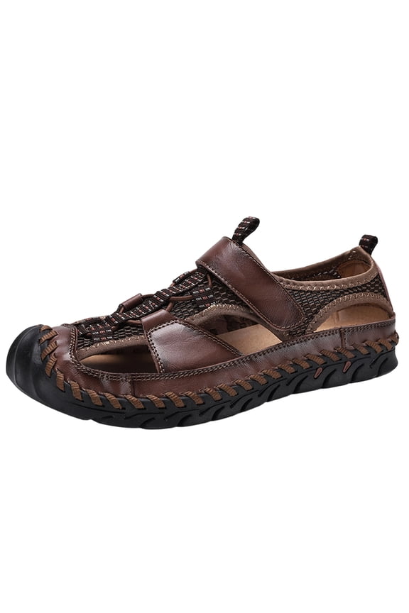 Men’s Closed-Toe Sandals Leather Sandals for Men Outdoor Hiking Beach Shoes Adjustable Breathable Sandals,42
