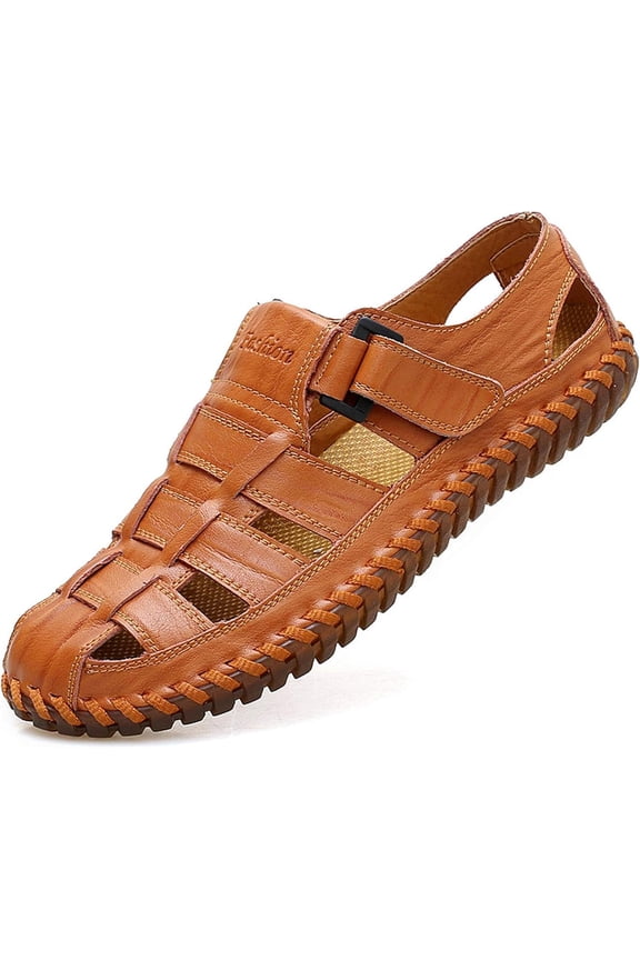Men's Closed Toe Sport Sandals - Leather Outdoor Fisherman Shoes, Anti-Slip Rubber Sole for Summer Beach