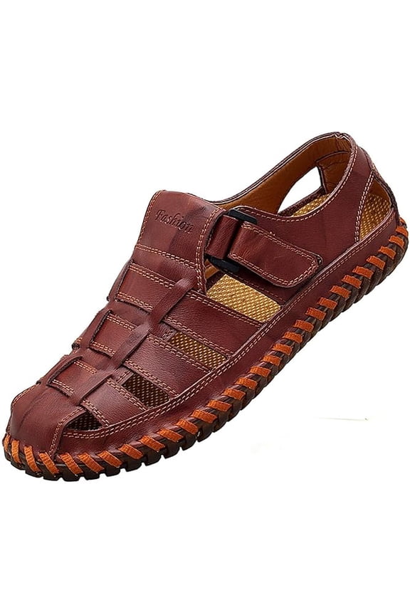 Men's Closed Toe Sport Sandals - Leather Outdoor Fisherman Shoes, Anti-Slip Rubber Sole for Summer Beach