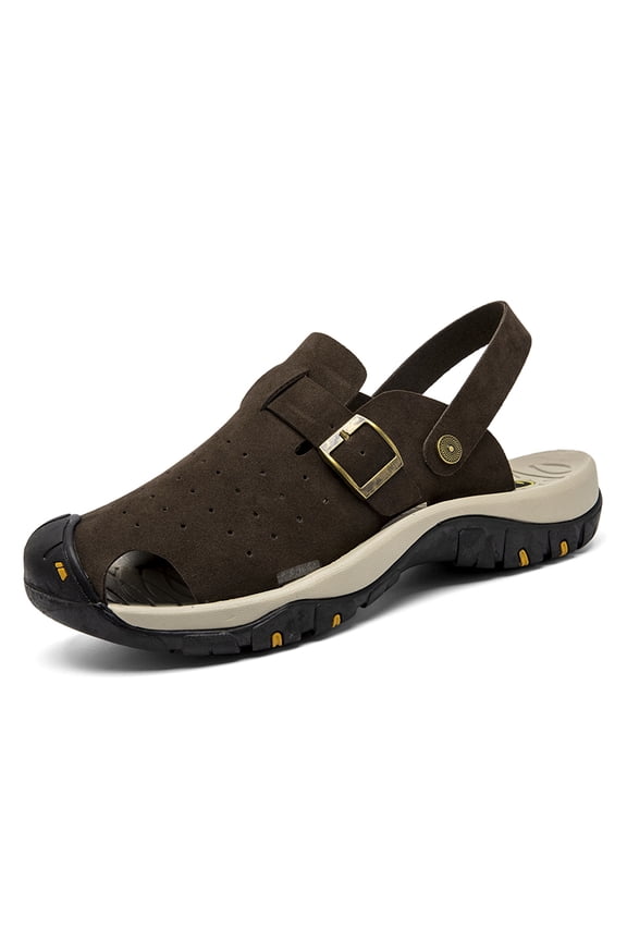 Men's Closed-Toe Suede Sport Sandals, Adjustable Brown Outdoor Clogs