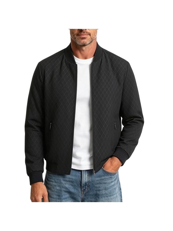 Men's Clothing Baeitkot Men's Textured Rhombus Patterned Baseball Jacket Spring and Wrinkle- Business Casual Stand Collar Zipper Jacket