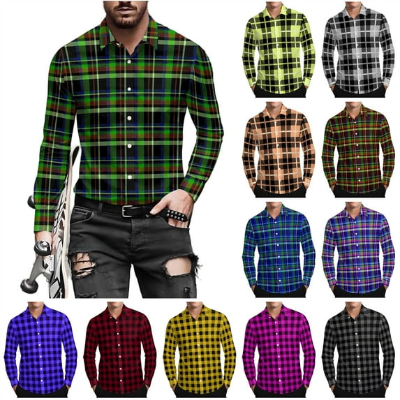 Men's Clothing Long Sleeve Checkered Shirts Casual Button Down Plaid Dress Shirts Vacation Work Tops