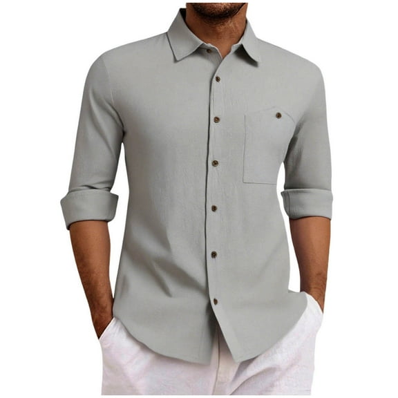 Men's Clothing Men Cotton/Linen Casual Button Down Shirt Dress Long Sleeve Work Office Blouses with Flap Pocket Thin Business Jackets