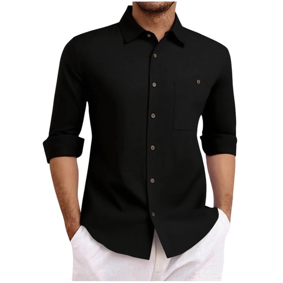 Men's Clothing Men Cotton/Linen Casual Button Down Shirt Dress Long Sleeve Work Office Blouses with Flap Pocket Thin Business Jackets