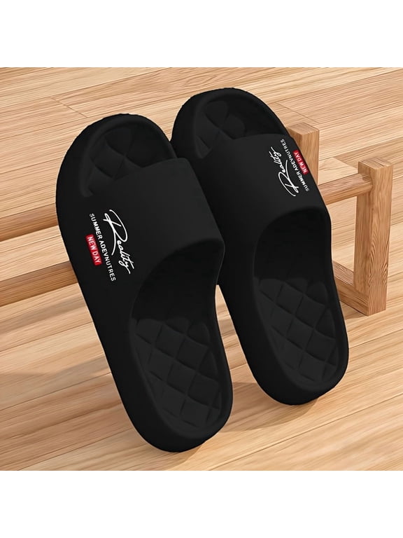 Men's Cloud Foam Slide Sandals, Ultra-Soft EVA Open-Toe Slippers with Quilted Footbed and "Reality" Print for Indoor, Outdoor, and Casual Wear