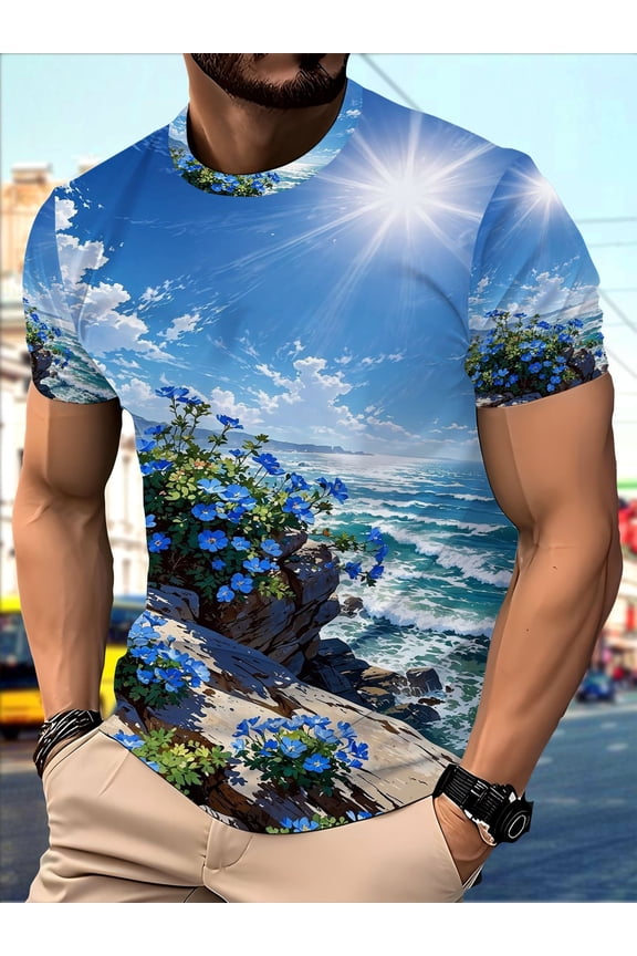 Men's Coastal Cliff and Blue Floral Print T-Shirt - Breathable Polyester Short Sleeve Crew Neck T-Shirt for Summer; Casual Beach Vacation Top for Outdoor and Daily Use