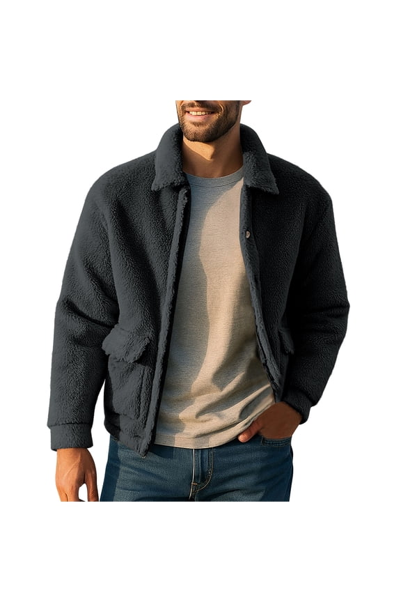 Men's Coat Casual Lapel Fleece Fuzzy Shearling Zipper Coats Warm Winter Oversized Outwear Sherpa Jackets with Pockets