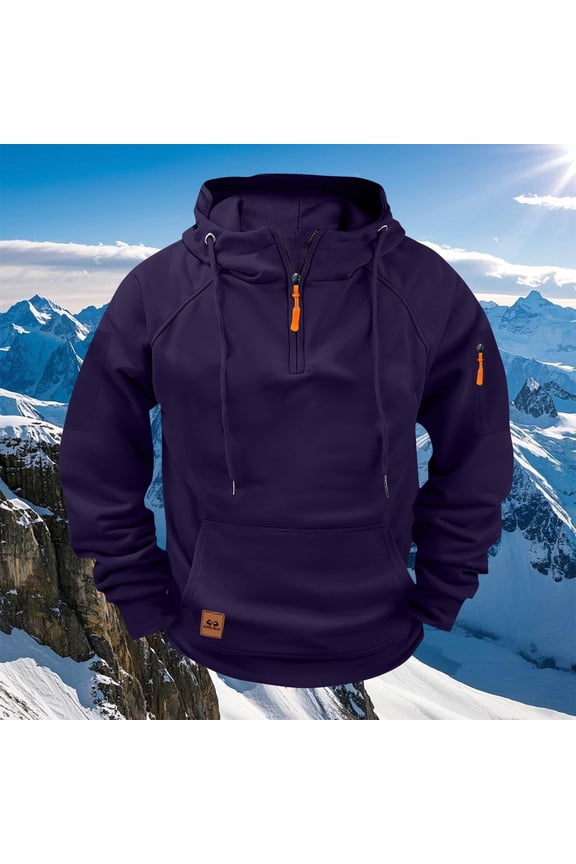 Men's Coat Warm Winter Jacket Hoodie Solid Raglan Pullover Multiple Pockets Half Zipper Sport Hoodie Coat