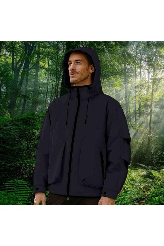 Men's Coat Warm Winter Jacket Men's Solid Color Waterproof Long Sleeved Hooded Workwear With Multiple Pockets Jacket