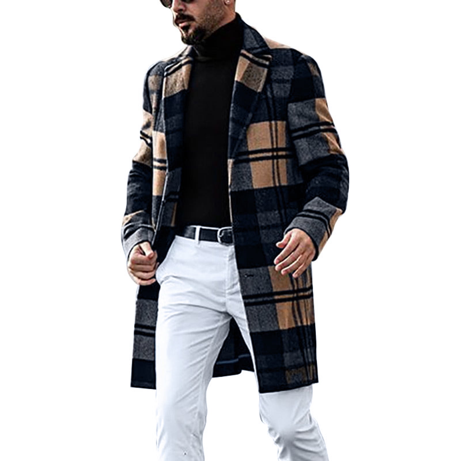 Men s Coat with Lapel and Long Sleeves Plaid Patterned Jacket in Polyester Perfect for Autumn and Winter Size XXL