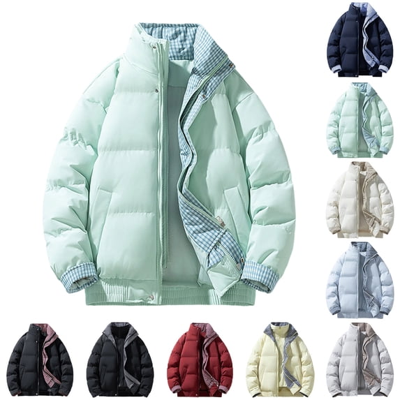 Men's Coats Puffer Jacket Warm Winter windproof Plaid Lined Stand Collar Puffer Jacket Full Zip Up Button Windproof Quilted Winter Coat with Contrast Plaid Cuffs and Inner Collar