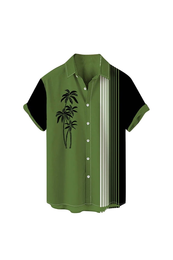 Men's Coconut Print Hawaiian Shirt Color Block 50s Retro Bowling Shirts Button Down Short Sleeve Summer Beach Tops