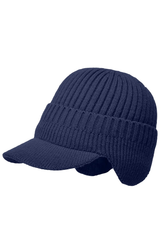 Men's Cold Weather Beanie with Brim, Covers Ears and Forehead, Fleece Lined Winter Skull Cap with Visor, Perfect for Snow Shoveling or Outdoor Work. Dark Blue 1PC