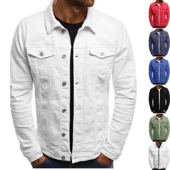 Men's Collar Button Down Denim Long Sleeved Slim Workwear Jacket Long Sleeved Hoodless Casual Jacket Men's Denim Jacket Vintage Inspired Jean Jacket with Pockets Regular Solid Color Jean
