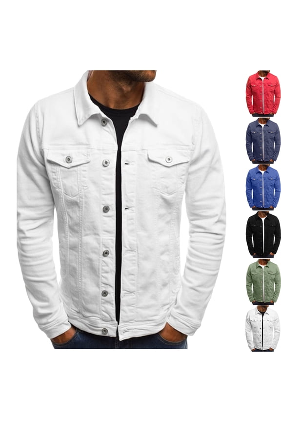 Men's Collar Button Down Denim Long Sleeved Slim Workwear Jacket Long Sleeved Hoodless Casual Jacket Men's Denim Jacket Vintage Inspired Jean Jacket with Pockets Regular Solid Color Jean