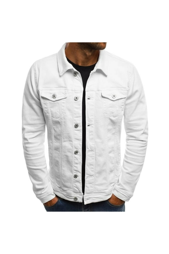 Men's Collar Button Down Denim Long Sleeved Slim Workwear Jacket Long Sleeved Hoodless Casual Jacket Men's Denim Jacket Vintage Inspired Jean Jacket with Pockets Regular Solid Color Jean