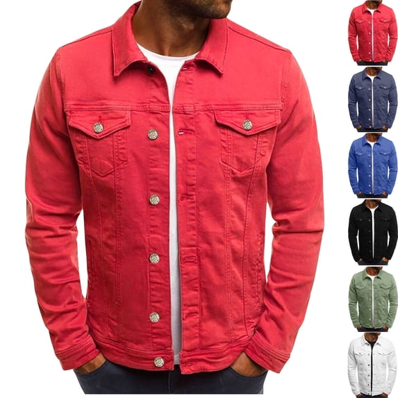 Men's Collar Button Down Denim Long Sleeved Slim Workwear Jacket Long Sleeved Hoodless Casual Jacket Men's Denim Jacket Vintage Inspired Jean Jacket with Pockets Regular Solid Color Jean