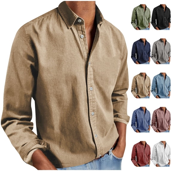 Hatoys Men's Collared Button Down Shirts Business Casual Basic Long Sleeve Shirt Summer Loose Fit Lightweight Breathable Tops for Work