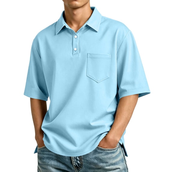 Men's Collared Button Down Short Sleeve Shirt, Lightweight Breathable Casual Top for Work and Travel Light Blue S