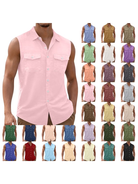 Men's Collared Button down Tank Tops with Pockets Breathable Sleeveless Casual Shirts Summer Casual Work Tank Tops 4XL